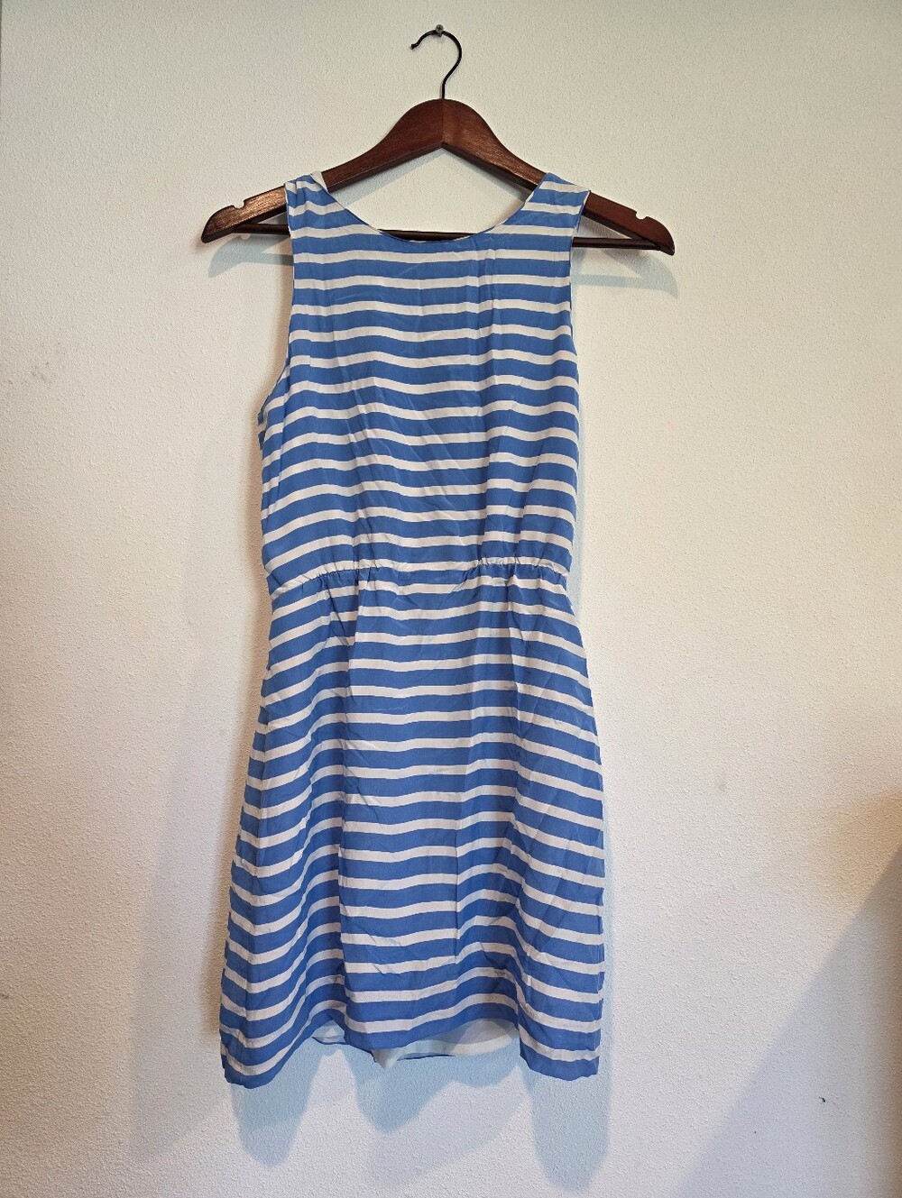 J Crew Silk Striped Dress Sz 4 Sleeveless Blue White Lines Adjustable Waist